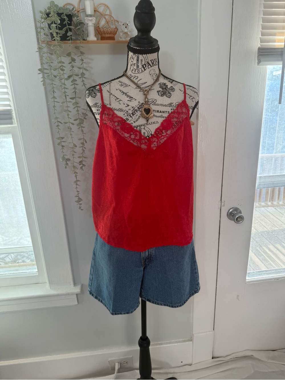 Madelon Louden vintage slip tank top red with lace trim size L made in USA